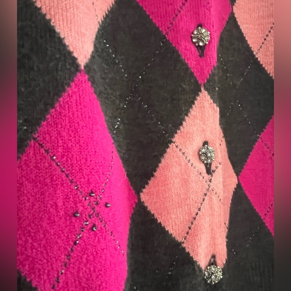 New York & Company Pink and Black Argyle Cardigan Gorgeous Jeweled Buttons - Picture 3 of 6